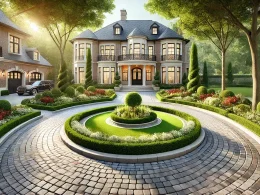 image of a luxurious circular driveway in a beautifully landscaped front yard. The driveway is made of classic cobblestonesimage of a luxurious circular driveway in a beautifully landscaped front yard. The driveway is made of classic cobblestones
