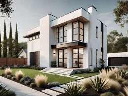 white stucco home with black trim and large windows, reflecting minimalist and contemporary architecture